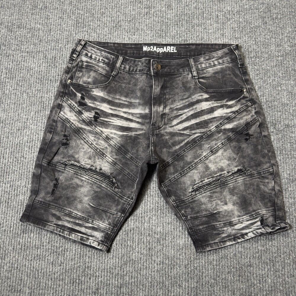 MP2 Apparel Mens Shorts Size 36 Stretch Distressed Acid Wash Grey Black Jorts